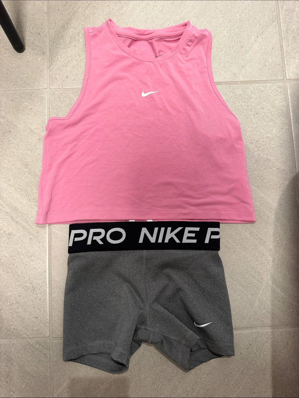 Nike Pink Cropped Tank Top with Gray Nike Pro Shorts
